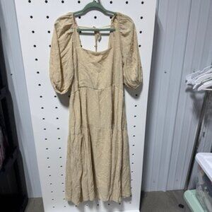NWT Moon River Tan Maxi Dress with white polka dots